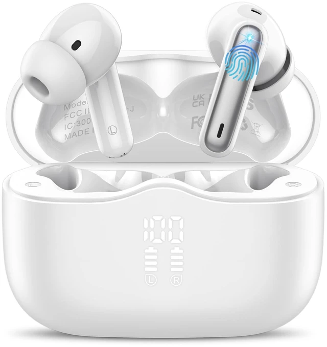 Main image of Wireless Earbuds, Bluetooth 5.4 Headphones in Ear with 4 ENC Noise Cancelling Mic, New Wireless Earphones HiFi Stereo Deep Bass 40H Playtime, In-Ear Bluetooth Earbuds LED Display IP7, USB-C, White