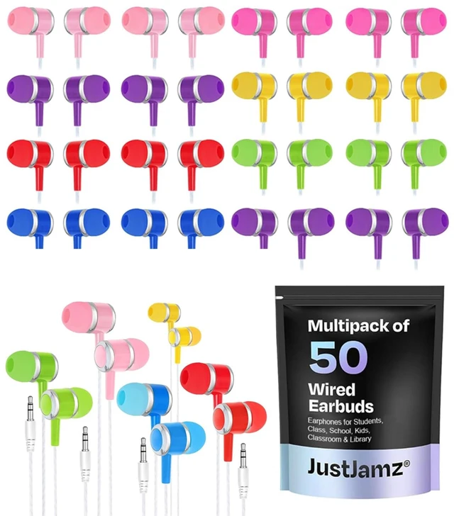 Main image of JustJamz Marbles Bulk Earbuds 50 Pack - Colorful Wired Earbuds for Classroom & Students - Soft Silicone Tips & 3.5mm Jack Disposable Headphones for School & Library