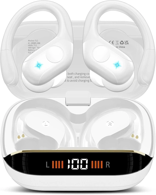 Main image of Qecnato Sports Wireless Earbuds 75H Bluetooth 5.4 Headphones Stereo, White | Over Ear Buds with Earhooks, LED Display Bluetooth Earbuds with 4 ENC Mic, IP7 Waterproof Earphone for Running
