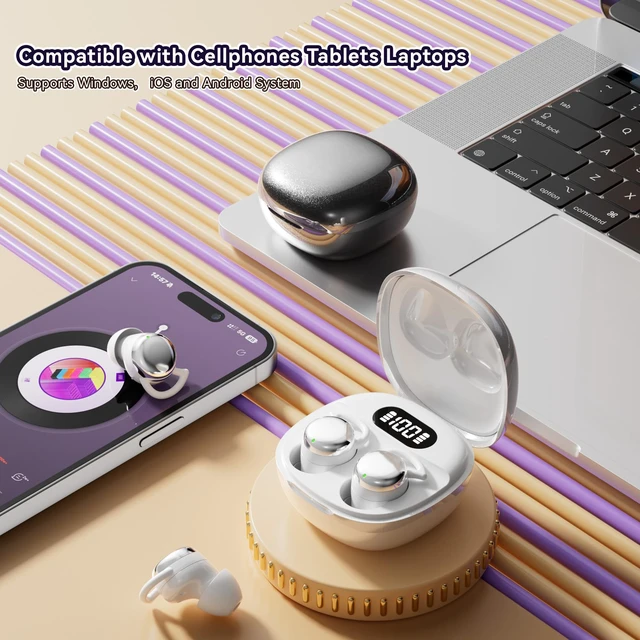 Alt view image 5 of 7 - ROEL-PLAY Sleep Earbuds for Side Sleepers Bluetooth 5.4 Wireless Earphones | Wireless Earbuds Soft Silicone, Lightweight for Side Sleeping, Touch Control, LED Power Display, Type-C Charging, White
