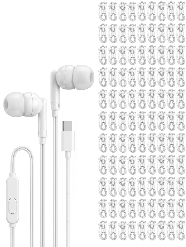 Main image of Pearl 100 Pack USB C Headphones Wired Earbuds Bulk for iPhone 17 16 15 Pro Max Plus, Galaxy, Chromebook, iPad, Type C Wired Headphones No Microphone for Schools Classroom Donation Events, White