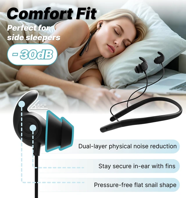 Alt view image 2 of 7 - Hmusic Bluetooth Sleep Earbuds for Side Sleepers, Soft Silicone | 30dB Noise Isolation, Built-in White Noise & Mic, 12-Hour Battery, Secure Fit Headphones for Snoring, Traveling (Black)
