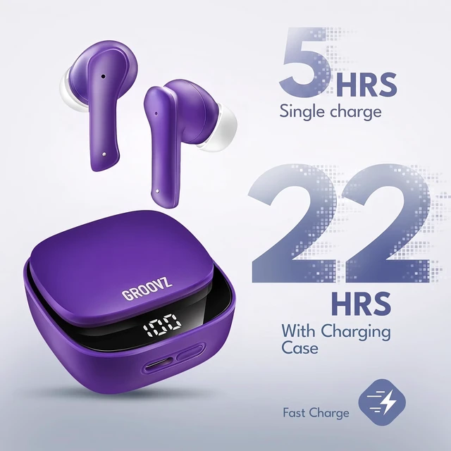 Alt view image 2 of 7 - Groovz True Wireless Earbuds with Charging Case - Designed and Engineered in the USA - IPx4 Water Resistant Bluetooth Earbuds Compatible with Apple & Android - 27Hr Battery Life - Deep Purple