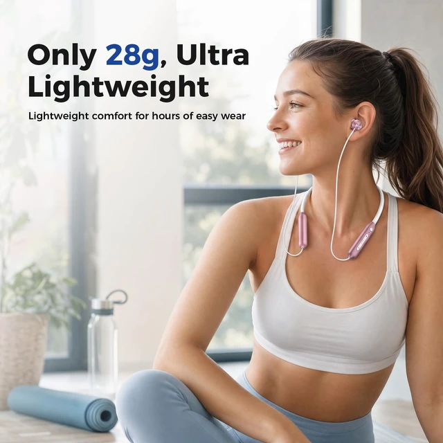 Alt view image 3 of 7 - Neckband Bluetooth Headphones, Wireless Bluetooth 6.0 Headset with Microphone, Bluetooth Headphones with Mic & Dual Device Connection, 28g Lightweight Magnetic Earbuds for Workout, Work & Travel(Pink)