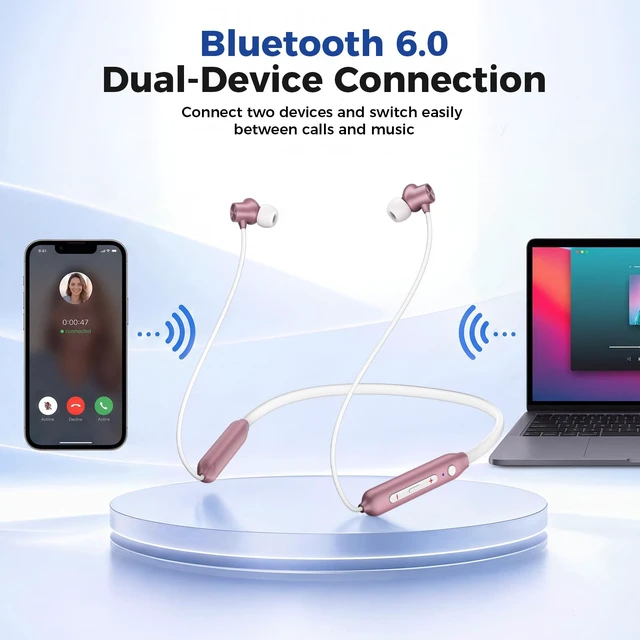 Alt view image 5 of 7 - Neckband Bluetooth Headphones, Wireless Bluetooth 6.0 Headset with Microphone, Bluetooth Headphones with Mic & Dual Device Connection, 28g Lightweight Magnetic Earbuds for Workout, Work & Travel(Pink)
