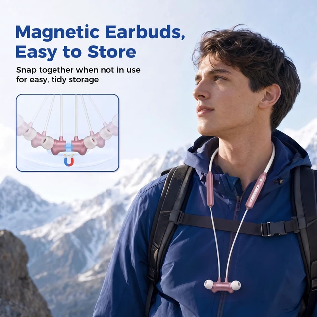 Alt view image 6 of 7 - Neckband Bluetooth Headphones, Wireless Bluetooth 6.0 Headset with Microphone, Bluetooth Headphones with Mic & Dual Device Connection, 28g Lightweight Magnetic Earbuds for Workout, Work & Travel(Pink)