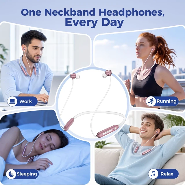Alt view image 7 of 7 - Neckband Bluetooth Headphones, Wireless Bluetooth 6.0 Headset with Microphone, Bluetooth Headphones with Mic & Dual Device Connection, 28g Lightweight Magnetic Earbuds for Workout, Work & Travel(Pink)