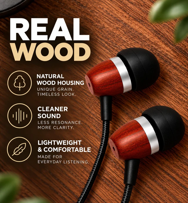 Alt view image 2 of 7 - Wooden Aux 3.5mm Jack Wired Earbuds for Laptop, Computer, Phone | Inline Microphone, Genuine Wood, Deep Bass, S/M/L Ear Bud Tips, Tangle Free Braided Cord, Carry Pouch, 3.5 mm Headphones Wire