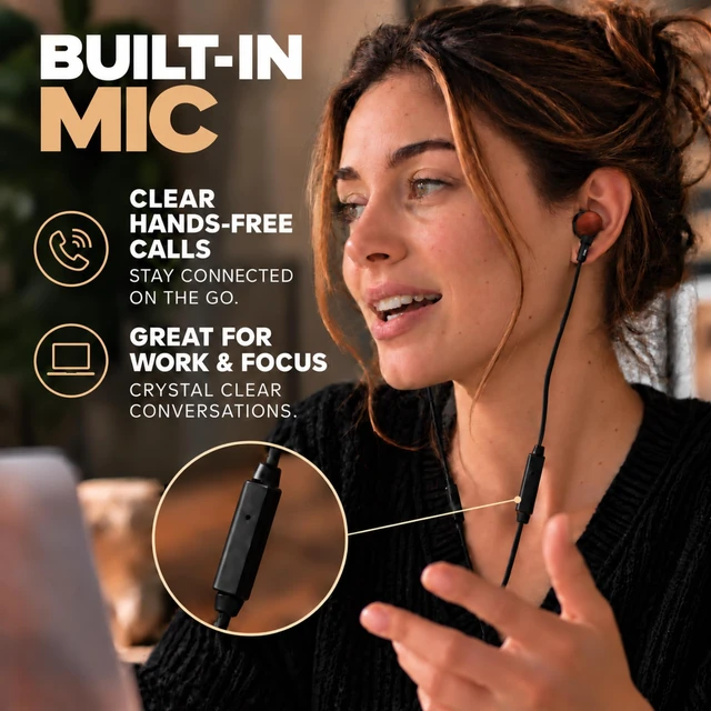 Alt view image 3 of 7 - Wooden Aux 3.5mm Jack Wired Earbuds for Laptop, Computer, Phone | Inline Microphone, Genuine Wood, Deep Bass, S/M/L Ear Bud Tips, Tangle Free Braided Cord, Carry Pouch, 3.5 mm Headphones Wire