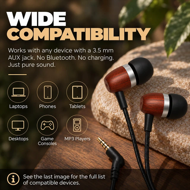 Alt view image 4 of 7 - Wooden Aux 3.5mm Jack Wired Earbuds for Laptop, Computer, Phone | Inline Microphone, Genuine Wood, Deep Bass, S/M/L Ear Bud Tips, Tangle Free Braided Cord, Carry Pouch, 3.5 mm Headphones Wire