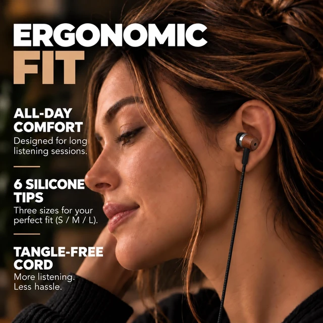 Alt view image 6 of 7 - Wooden Aux 3.5mm Jack Wired Earbuds for Laptop, Computer, Phone | Inline Microphone, Genuine Wood, Deep Bass, S/M/L Ear Bud Tips, Tangle Free Braided Cord, Carry Pouch, 3.5 mm Headphones Wire