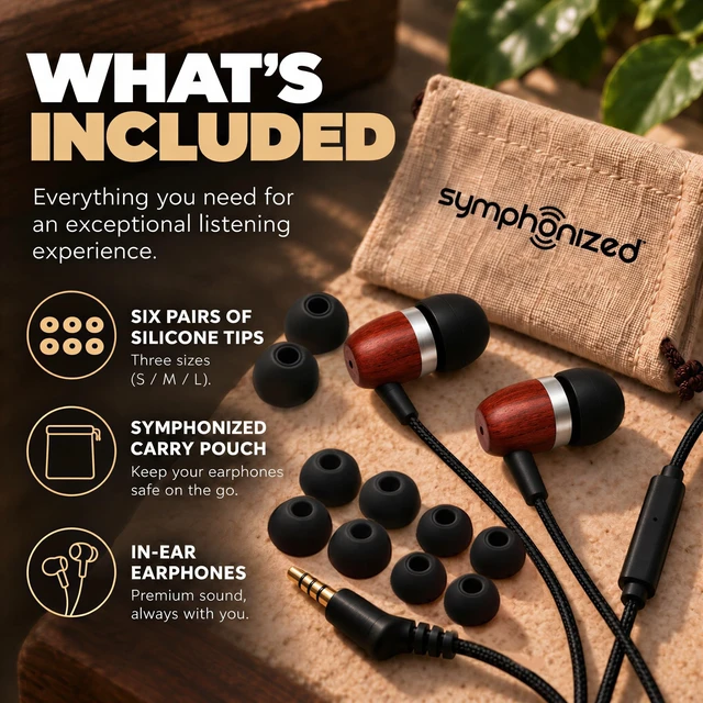 Alt view image 7 of 7 - Wooden Aux 3.5mm Jack Wired Earbuds for Laptop, Computer, Phone | Inline Microphone, Genuine Wood, Deep Bass, S/M/L Ear Bud Tips, Tangle Free Braided Cord, Carry Pouch, 3.5 mm Headphones Wire