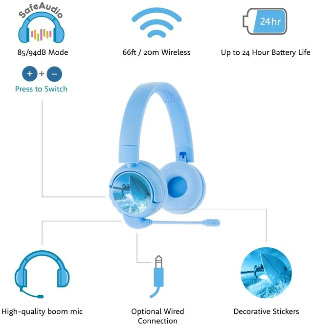 Alt view image 6 of 7 - Made for Amazon Bluetooth Kids Headphones with Boom Microphone | Blue