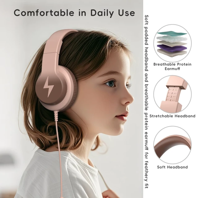 Alt view image 3 of 7 - Wired Kids Headphones for School, Over-Ear for Boys Girls | Volume Limiter 85/94dB, HD Stereo Sound, Microphone and Wired Control,Foldable Design, Gradient Brown