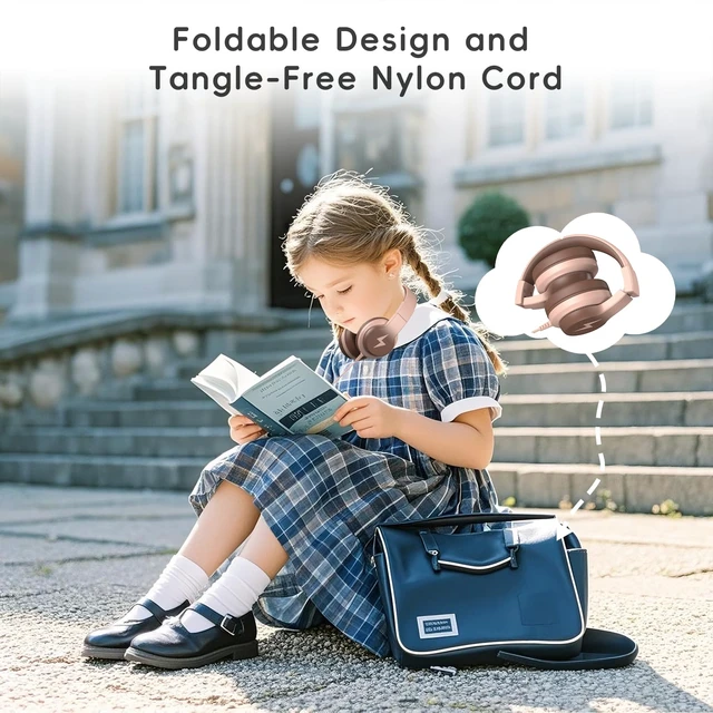Alt view image 4 of 7 - Wired Kids Headphones for School, Over-Ear for Boys Girls | Volume Limiter 85/94dB, HD Stereo Sound, Microphone and Wired Control,Foldable Design, Gradient Brown