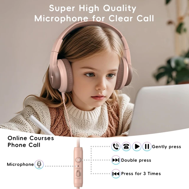 Alt view image 6 of 7 - Wired Kids Headphones for School, Over-Ear for Boys Girls | Volume Limiter 85/94dB, HD Stereo Sound, Microphone and Wired Control,Foldable Design, Gradient Brown