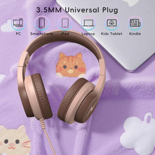 Alt view image 7 of 7 - Wired Kids Headphones for School, Over-Ear for Boys Girls | Volume Limiter 85/94dB, HD Stereo Sound, Microphone and Wired Control,Foldable Design, Gradient Brown