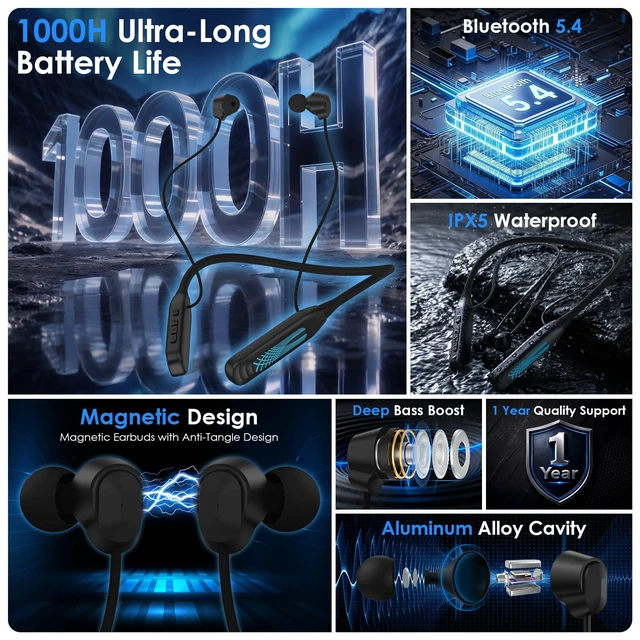 Alt view image 3 of 7 - TANKASE 2026 New Sports Neckband Bluetooth Headphones, 1000H Extra Battery Life & Display, Magnetic Earphones, IPX5 Waterproof, Stereo Mic, for Workout/Office, (Black)