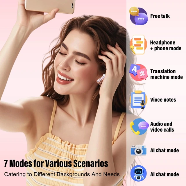 Alt view image 3 of 7 - Csasan Ai Translation Earbuds Real Time,3-in-1 Buletooth 5.3 Translator Earbuds with 6 Translation Modes/164 Languages,No Subscription Required Translatior Headphones, Rose