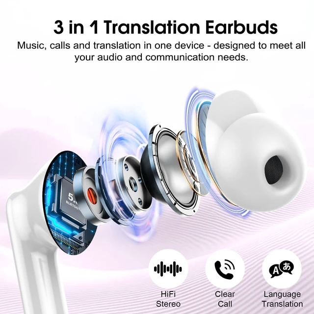 Alt view image 5 of 7 - Csasan Ai Translation Earbuds Real Time,3-in-1 Buletooth 5.3 Translator Earbuds, Purple