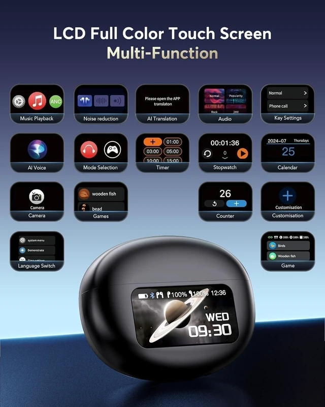 Alt view image 4 of 7 - AI Translation Earbuds Real Time,Multifunctional Touch Screen Translator for 144 Languages & Accents Audifonos Traductores Inglés Español Noise Canceling Headphones for1Travel Business Learning Black