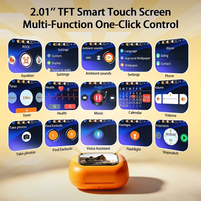 Alt view image 2 of 7 - BYH Wireless Earbuds, Bluetooth 6.0 Headphones with Touch Screen, Orange | Ear Buds with Heart Rate Monitor, in-Ear TWS Earphones, 6 EQ Over-Ear Earbuds for Sports/Gym/Workout