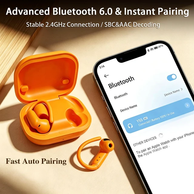 Alt view image 3 of 7 - BYH Wireless Earbuds, Bluetooth 6.0 Headphones with Touch Screen, Orange | Ear Buds with Heart Rate Monitor, in-Ear TWS Earphones, 6 EQ Over-Ear Earbuds for Sports/Gym/Workout