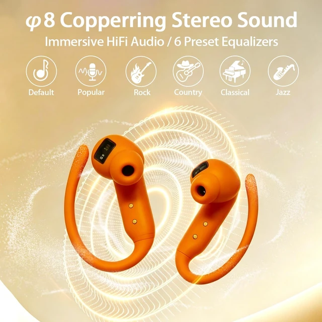 Alt view image 5 of 7 - BYH Wireless Earbuds, Bluetooth 6.0 Headphones with Touch Screen, Orange | Ear Buds with Heart Rate Monitor, in-Ear TWS Earphones, 6 EQ Over-Ear Earbuds for Sports/Gym/Workout