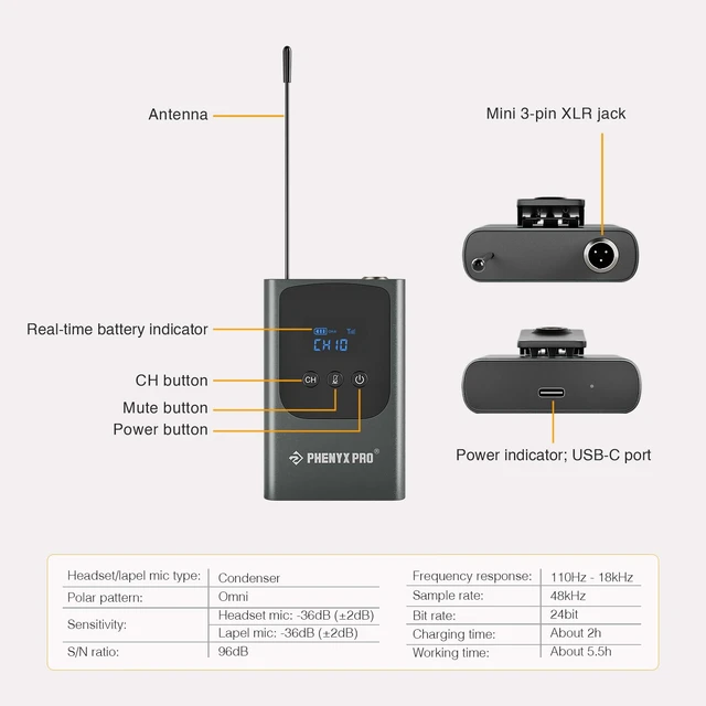 Alt view image 3 of 3 - Phenyx Pro Portable 900 MHz UHF Bodypack Transmitter PWB-P-900 | 3-Pin XLR Jack, 15 Frequencies, 900 MHz UHF, PDP-1/PDP-2 Compatible