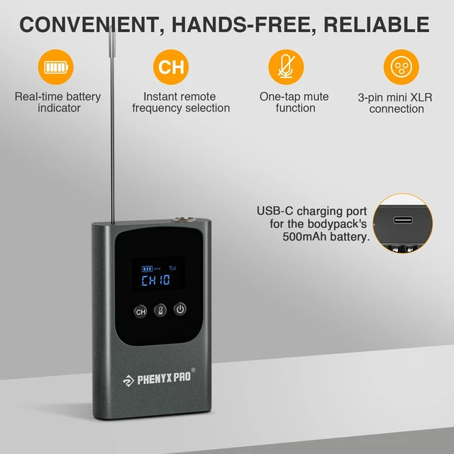 Alt view image 2 of 3 - Phenyx Pro Portable 900 MHz UHF Bodypack Transmitter PWB-P-900 | 3-Pin XLR Jack, 15 Frequencies, 900 MHz UHF, PDP-1/PDP-2 Compatible