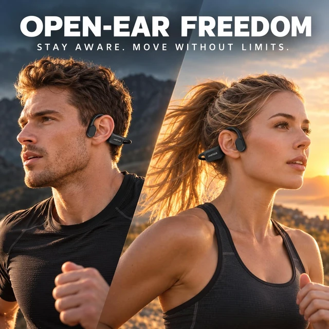 Alt view image 2 of 7 - New Bone Conduction Headphones Bluetooth 6.0, Open Ear Earbuds with Mic | Premium Sound, 3 EQ Modes, 10H Playtime, 25g Lightweight, IP65 Waterproof Sports Headphones for Running Cycling Hiking