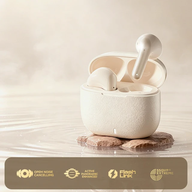 Alt view image 3 of 7 - ROEL-PLAY Wireless Bluetooth Earbuds 45H Bluetooth 6.0 Earbuds, Beige | Noise Cancelling Earbuds, Leather Texture Stereo, 13mm Driver, Long Playtime, Sweat-Splash Resistant