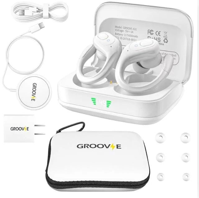 Main image of Groove Wireless Bluetooth Earbuds Over Ear Electronics | 4-in-1 Kit | Includes (2) Ear Buds (1) Rechargeable Case with Cable (1) Wireless Charging Pad for Mobile Phone (1) Travel Bag | Travel Kit