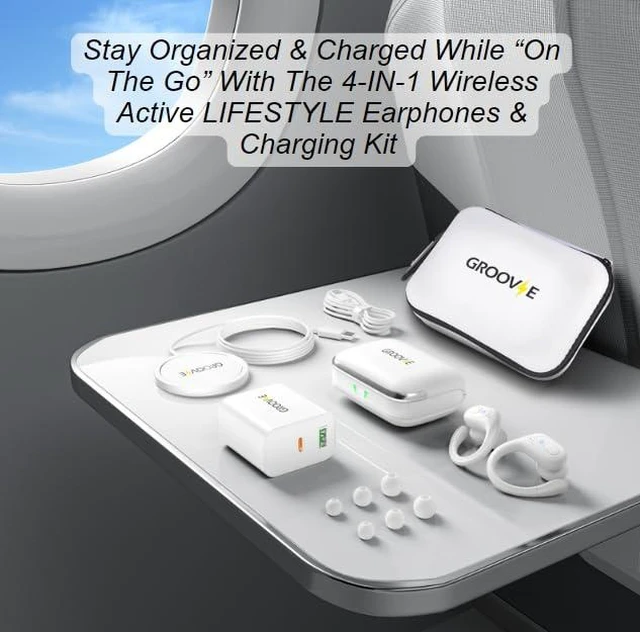 Alt view image 2 of 7 - Groove Wireless Bluetooth Earbuds Over Ear Electronics | 4-in-1 Kit | Includes (2) Ear Buds (1) Rechargeable Case with Cable (1) Wireless Charging Pad for Mobile Phone (1) Travel Bag | Travel Kit