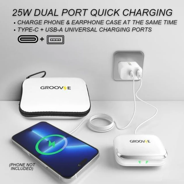 Alt view image 3 of 7 - Groove Wireless Bluetooth Earbuds Over Ear Electronics | 4-in-1 Kit | Includes (2) Ear Buds (1) Rechargeable Case with Cable (1) Wireless Charging Pad for Mobile Phone (1) Travel Bag | Travel Kit