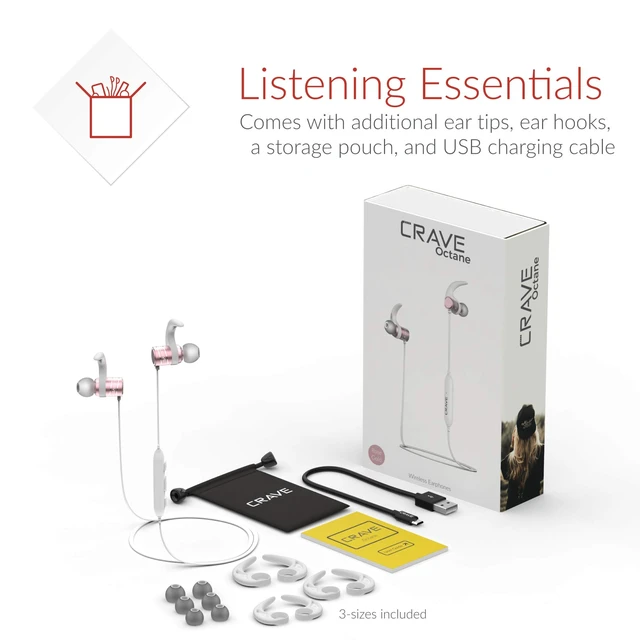 Alt view image 5 of 7 - Crave Octane Wireless Bluetooth Earphones, in-Ear Sweat and Water Resistant Stereo Headphones Earbuds with 8 Hour Battery, Magnetic Ends, Built-in Mic - Rose Gold