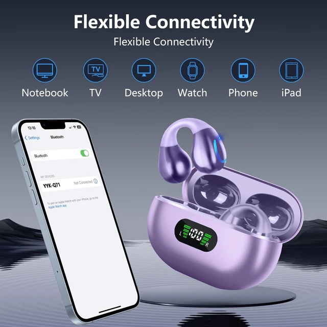 Alt view image 4 of 7 - Open Ear Headphones Bluetooth 5.3 Wireless Bone Conduction Clip On Earbuds | with Digital Display Charging Case 60 Hours Playtime Sport Earphones IPX7 Waterproof for Running Fitness