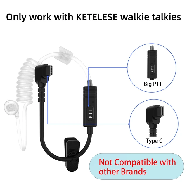 Alt view image 2 of 6 - USB Tube Earpiece for KETELESE T3T4 Walkie Talkie, Replacement Accessory | Tube Line, 6 Pack, Clear Sound, in Ear