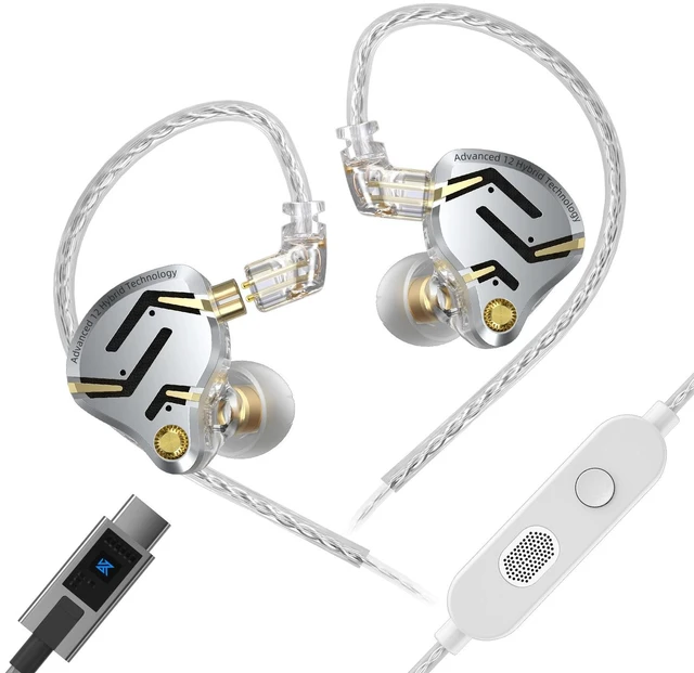 Main image of KZ ZS12 Pro 2 USB C Headphones with Microphone,Silver,with Mic | 5BA+1DD Hybrid Drivers,Nosie-Cancelling Professional Wired Gaming Earbuds,Type C IEM Earphones for USB Type C Device