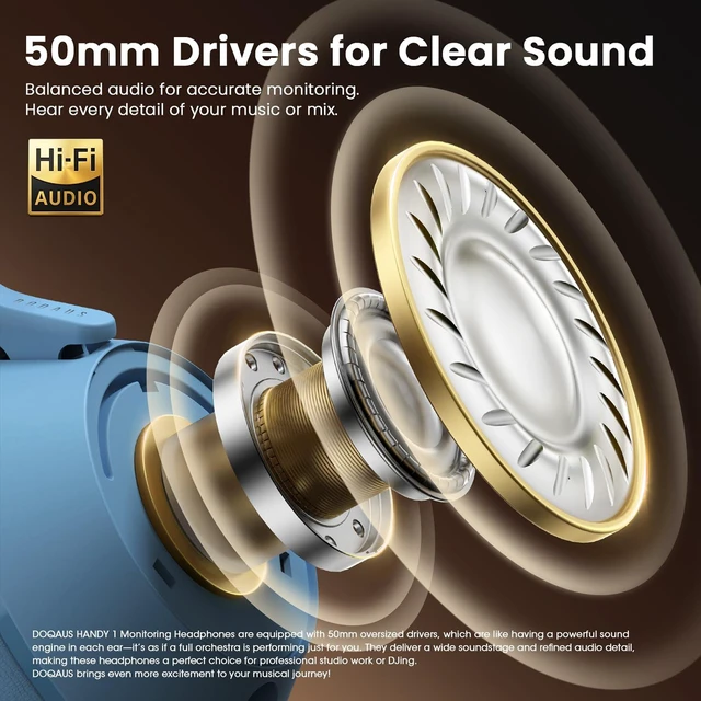 Alt view image 2 of 7 - Studio Monitor Headphones, Professional Wired DJ Headphones Over Ear | with Natural Balanced Sound, 50mm Drivers, in-Line Mic, 6.35mm & 3.5mm Jack, for Recording, Mixing, DJ, Guitar Amp, PC, Blue