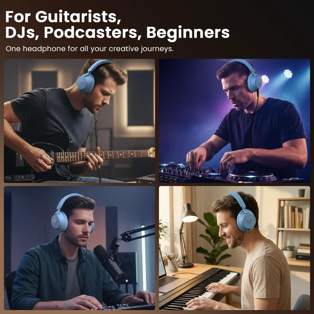 Alt view image 7 of 7 - Studio Monitor Headphones, Professional Wired DJ Headphones Over Ear | with Natural Balanced Sound, 50mm Drivers, in-Line Mic, 6.35mm & 3.5mm Jack, for Recording, Mixing, DJ, Guitar Amp, PC, Blue