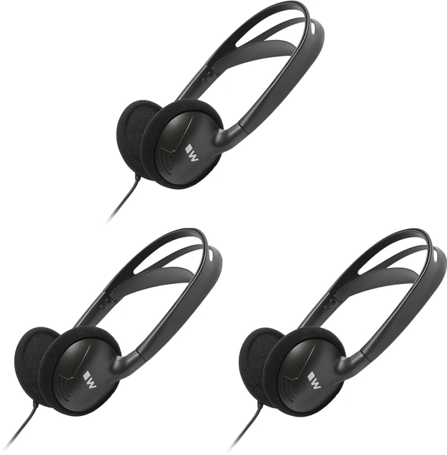 Main image of HED 027 Pack of 3 Heavy-Duty Folding Mono Headphones, 3.5mm Connector, 40 mm Driver, 39 Inch Cord, Compatible with Williams AV Receivers and Pocketalkers