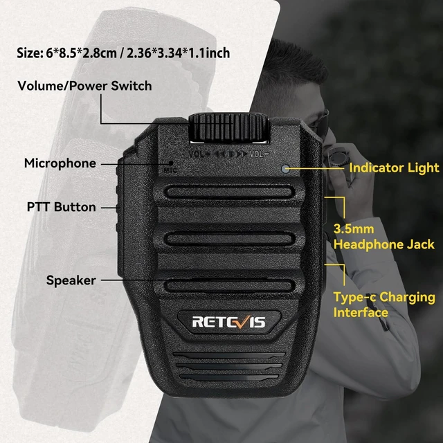 Alt view image 4 of 7 - Retevis HA2 Wireless Walkie Talkie Speaker Microphone, 1 Pack | with 3.5mm Audio Jack, Wireless Shoulder Speaker Mic, Only for Ailunce HD2, Retevis RB37/RA89G/RT29D 2 Way Radio