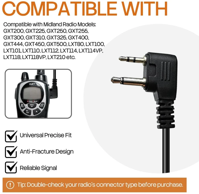 Alt view image 3 of 7 - PZYPYM G-Shape 2 Pin Walkie Talkie Earpiece with PTT Mic, Kevlar Reinforced, Compatible with Midland GXT500 LXT118 GXT Series Radios