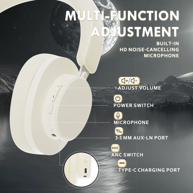Alt view image 3 of 7 - ATTACK SHARK G500 Wireless Active Noise Cancelling Over-ear Headphones, Bluetooth 5.3 Dual-mode Link, Built-in Microphone, 5.1 Channel Stereo, Suitable for Travel, Study, and Gaming(Cheese)
