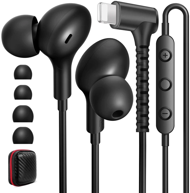 Main image of Wired Earbuds for MFi-Certified Lightning Headphone for iPhone 14 13 12 11 | 90° Degree Angled Stereo Music Corded Earphones with Microphone 3 Sizes Ear Buds Tips Wire Remote Control for Gym Commuting