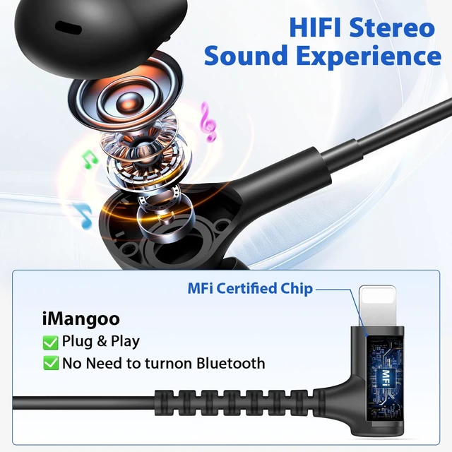 Alt view image 4 of 7 - Wired Earbuds for MFi-Certified Lightning Headphone for iPhone 14 13 12 11 | 90° Degree Angled Stereo Music Corded Earphones with Microphone 3 Sizes Ear Buds Tips Wire Remote Control for Gym Commuting
