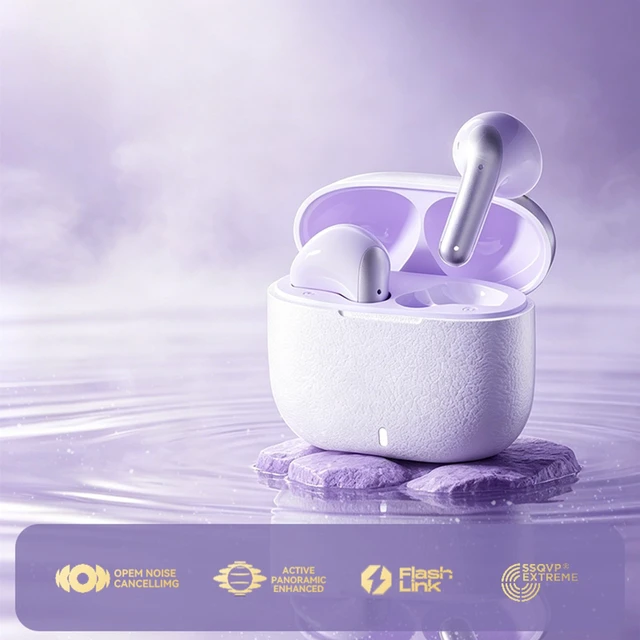 Alt view image 3 of 7 - ROEL-PLAY Wireless Bluetooth Earbuds 45H Bluetooth 6.0 Earbuds, Purple | Noise Cancelling Earbuds, Leather Texture Stereo, 13mm Driver, Long Playtime, Sweat-Splash Resistant