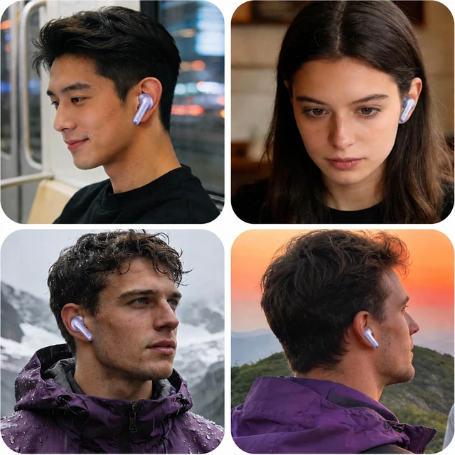 Alt view image 6 of 7 - ROEL-PLAY Wireless Bluetooth Earbuds 45H Bluetooth 6.0 Earbuds, Purple | Noise Cancelling Earbuds, Leather Texture Stereo, 13mm Driver, Long Playtime, Sweat-Splash Resistant