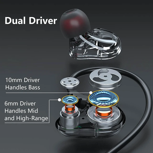 Alt view image 3 of 7 - Holiper Dual Driver Wired Headphones 3.5mm Jack Earphones Plug in Ear Buds | Extra bass earbuds, wrap around over ear, hifi, microphone, hook, sport, running, aux, braided cable, noise isolation, cord